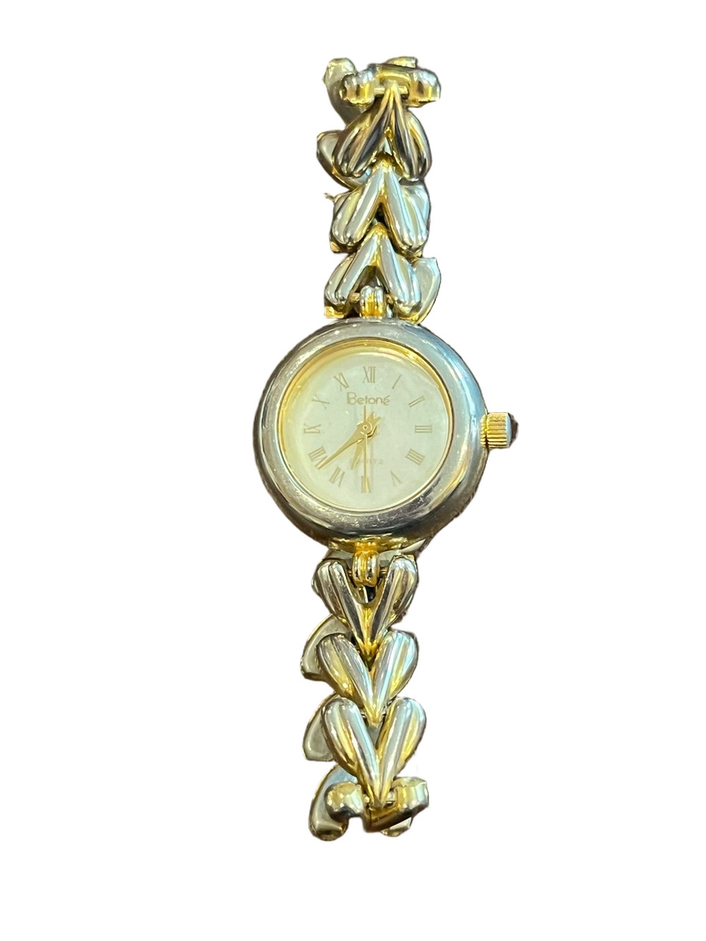 Vintage Beloné Two-Tone Ladies Cocktail Watch Chevron Heart Leaf Link Band